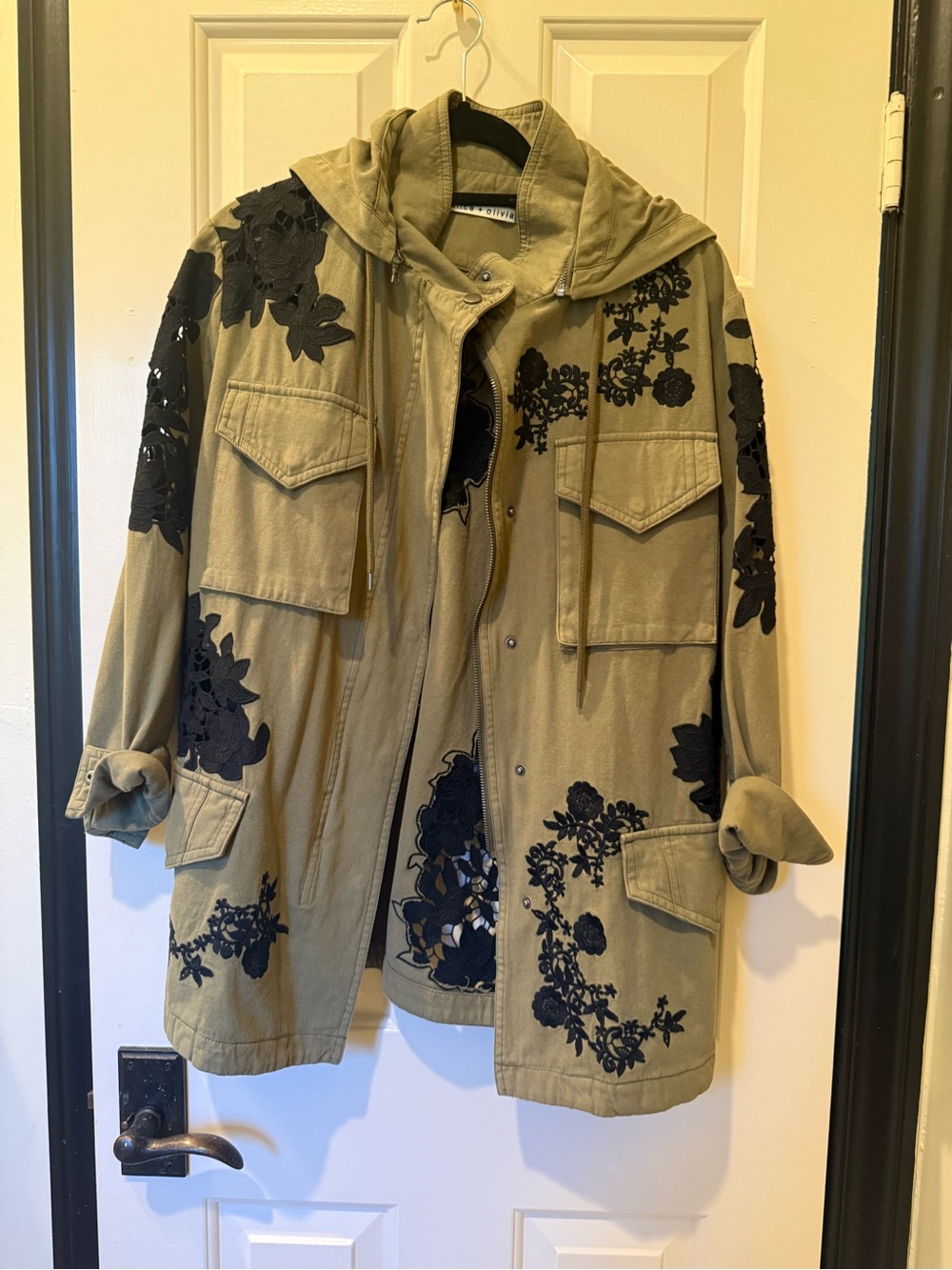 Alice + Olivia Olive Green Hooded Utility Jacket with Black Floral Appliqué
